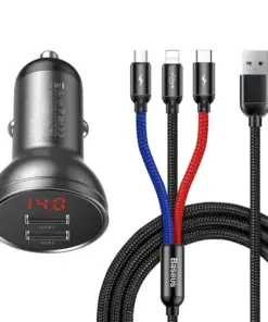 Baseus Auto Lādētājs ar displeju 24W + Kabelis USB 3in1 Baseus Trīs Primārās Krāsas 1,2m