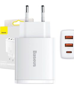 Baseus Compact Ātrais lādētājs, 2xUSB, USB-C, PD, 3A, 30W (balts)