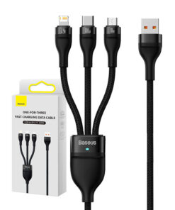 3in1 USB kabelis Baseus Flash Series, USB-C + micro USB + Lightning, 100W, 1.2m (melns)