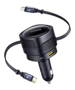 Baseus Enjoyment Max auto lādētājs ar USB-C+Zibens kabeļiem un USB-A+USB-C pieslēgvietām 90W Melns