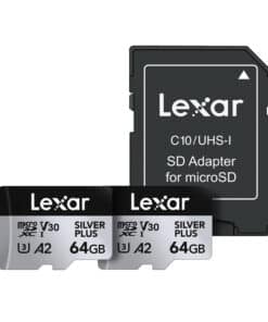 Set of 2 Lexar High-Performance Silver Plus microSDXC 2x64GB memory cards + adapter