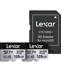 Set of 2 Lexar High-Performance Silver Plus microSDXC 2x128GB memory cards + adapter